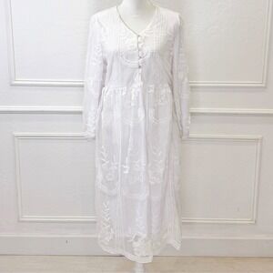 Orange Creek White Floral Embroidered‎ Mesh Boho Midi Dress Large Long Sleeve